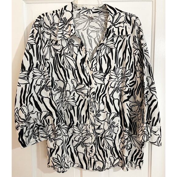 JM Collection Tops - JM Collection Top Jacket 22W Black White Linen Floral Shacket Tunic Button Front